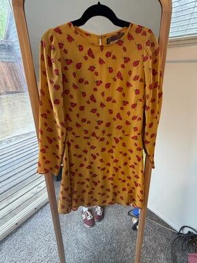 Reformation Mustard Yellow Mini Dress with Red Rose Print